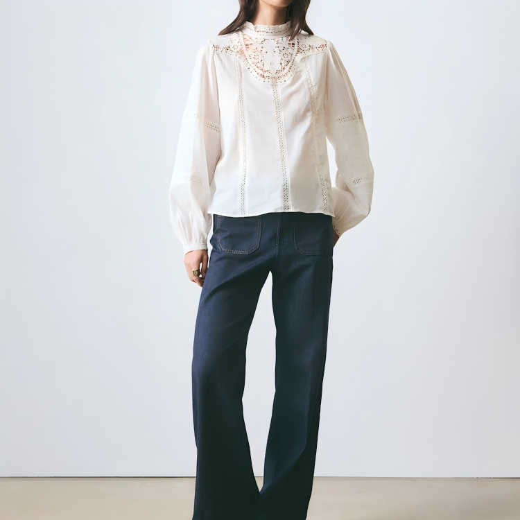 White high neck lace yoke blouse with full sleeves and vertical lace inserts