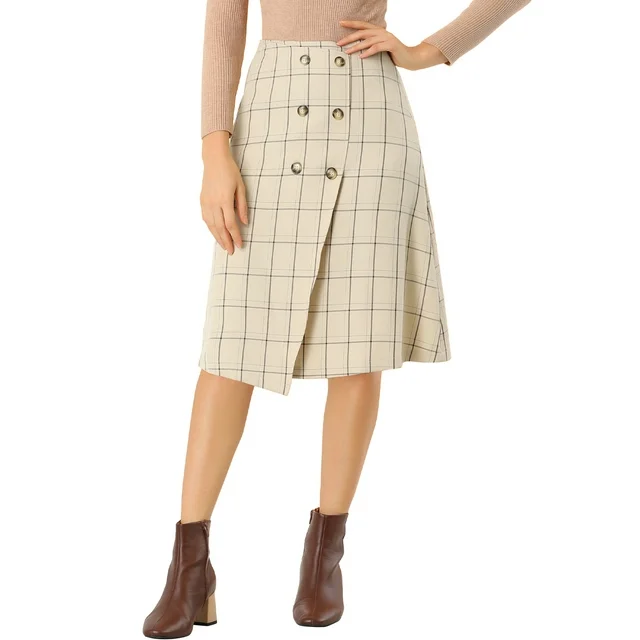 Unique Work Office Women’s Plaid A-Line Skirt Vintage Grid Midi Skirts (1)