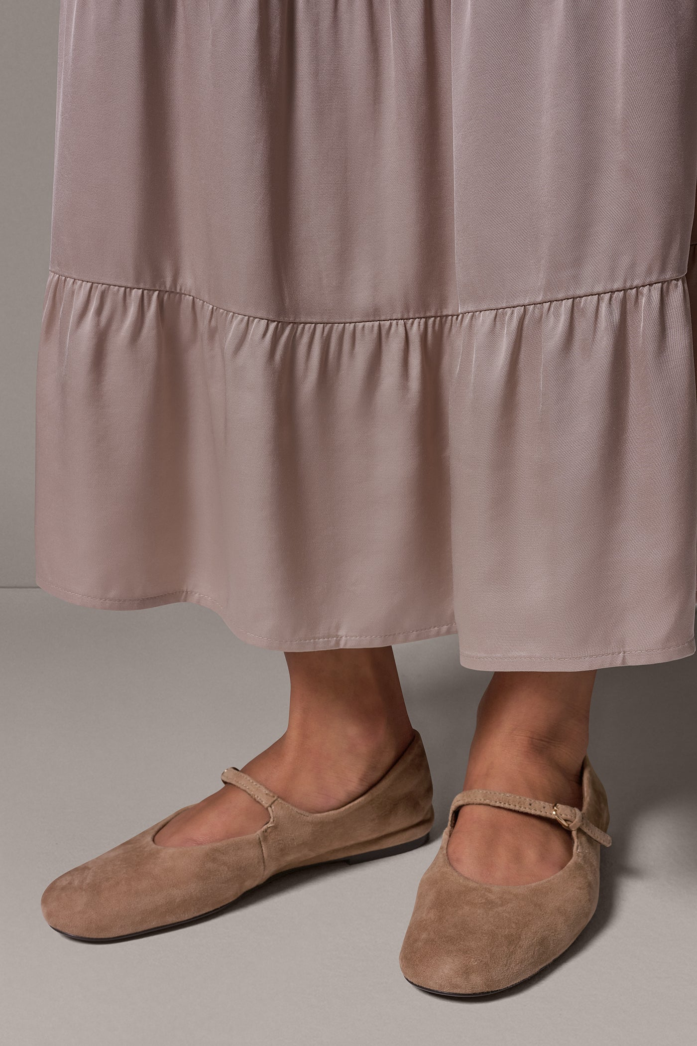 Taupe viscose satin tiered maxi skirt with a flat front waistband and elasticated back waist