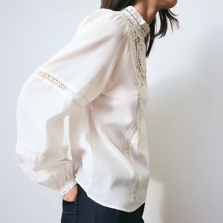 White high neck lace yoke blouse with full sleeves and vertical lace inserts