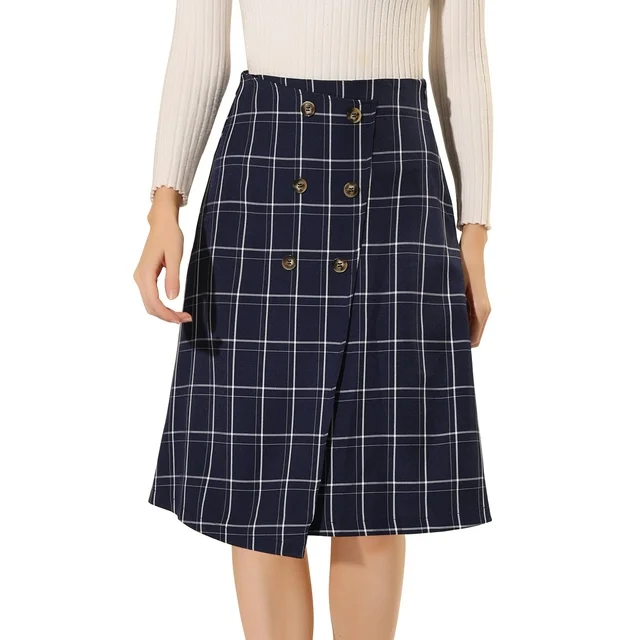 Unique Work Office Women’s Plaid A-Line Skirt Vintage Grid Midi Skirts (5)